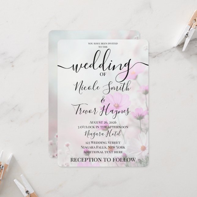 Invitación Boda de flores rosadas simples personalizadas (Anverso/Reverso In Situ)