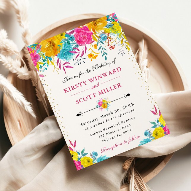 Invitación Boda de flores rosadas y amarillas acuarela (Subido por el creador)