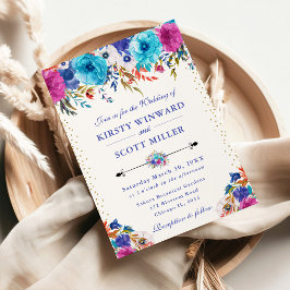 Invitación Boda de Flores Rosadas y Azules en Acuarela