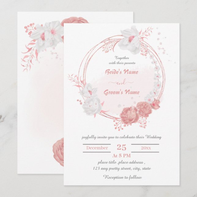 Invitación boda de flores rosadas y blancas (Anverso / Reverso)