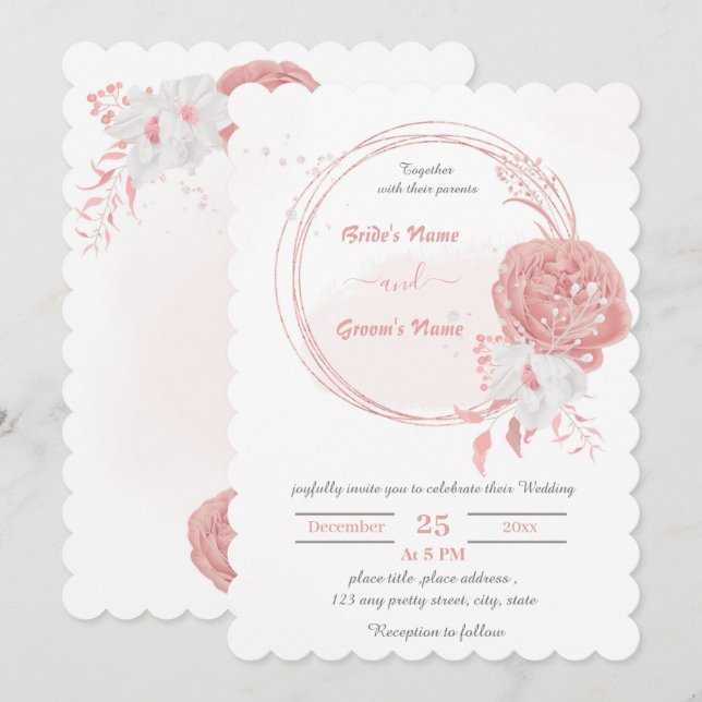 Invitación boda de flores rosadas y blancas (Anverso / Reverso)