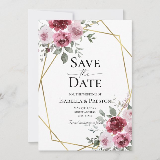 Invitación Boda de flores rosadas y borgoña Save The Date (Anverso)