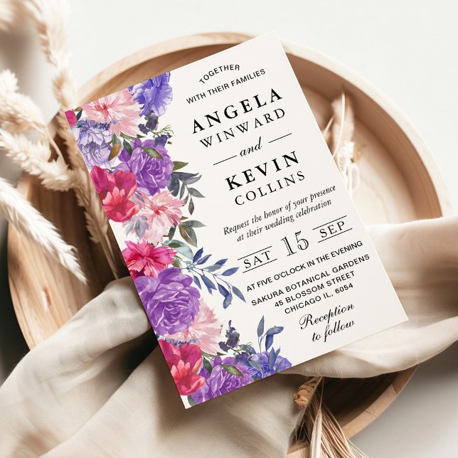 Invitación Boda de flores rosadas y moradas acuarela (Subido por el creador)