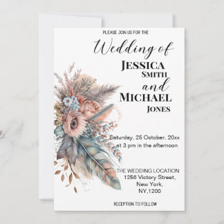 Invitación Boda de flores rosadas y plata de boho ruso