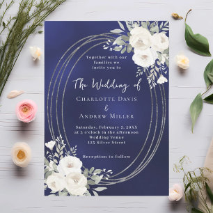 Invitación Boda de flores rosas blancas azul marino
