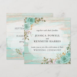 Invitación Boda de flores rosas de madera rústica turquesa vi