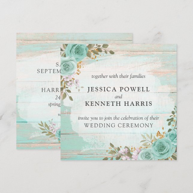 Invitación Boda de flores rosas de madera rústica turquesa vi (Anverso / Reverso)