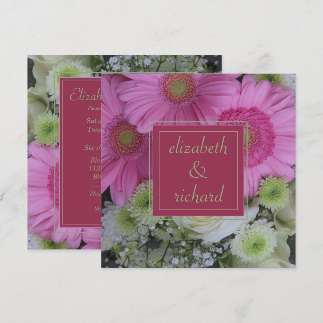 Invitación Boda de flores rosas y rosas blancas (Anverso / Reverso)
