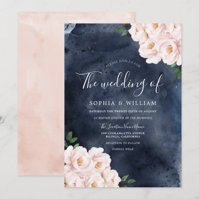 Invitación Boda de flores Rubor acuarela de Marina (Anverso / Reverso)