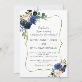Invitación Boda de flores Rubor azul de la marina de oro de l
