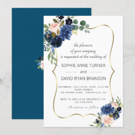 Invitación Boda de flores Rubor azul de la marina de oro de l