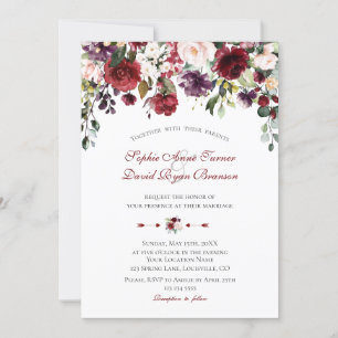 Invitación Boda de flores Rubor de plumas de borgoña de color