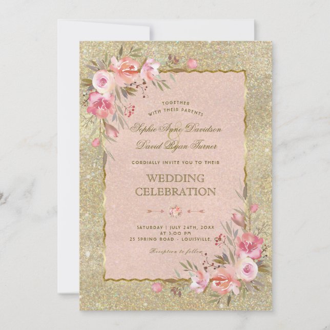 Invitación Boda de Flores Rubor de Sparkle Gold Purpurina (Anverso)