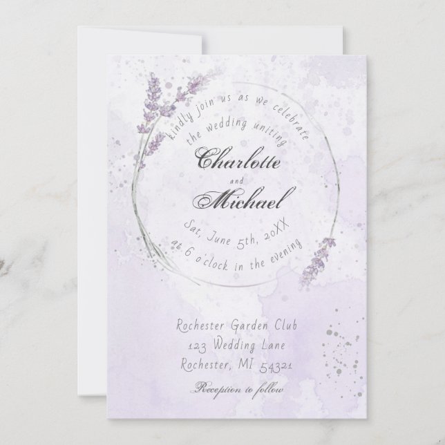Invitación Boda de flores rusas de lavanda púrpura de acuarel (Anverso)