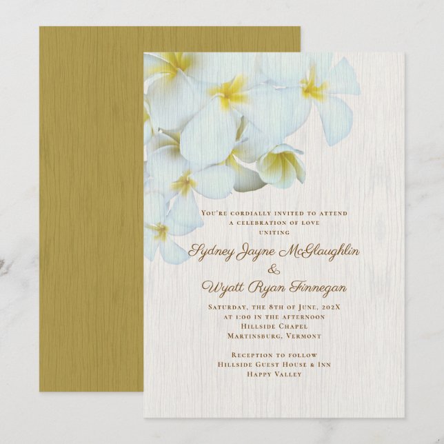 Invitación Boda de Flores Rústicas de Hawái de Madera Plumeri (Anverso / Reverso)