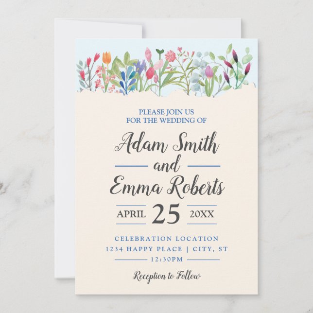 Invitación Boda de Flores salvajes de acuarela (Anverso)