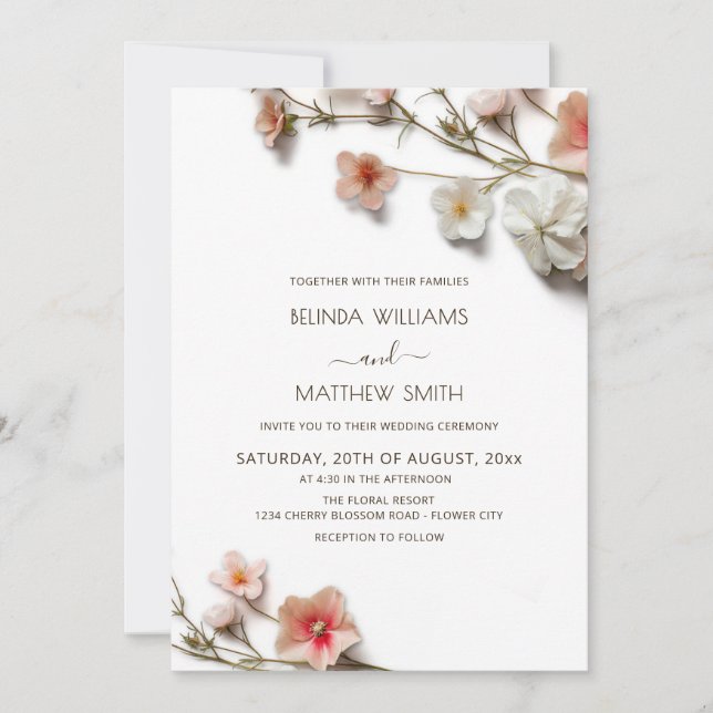 Invitación Boda de flores silvestres 3D blancas rosadas (Anverso)