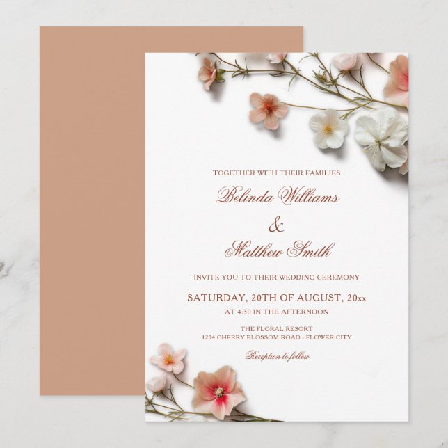 Invitación Boda de flores silvestres 3D blancas rosadas (Anverso / Reverso)