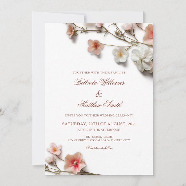 Invitación Boda de flores silvestres 3D rosadas blancas (Anverso)