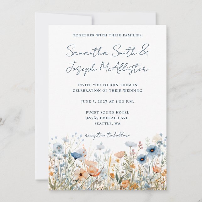 Invitación Boda de flores silvestres acuarela azul polvorient (Anverso)