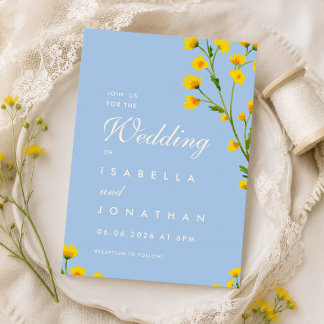 Invitación Boda de flores silvestres acuarela azul y amarillo