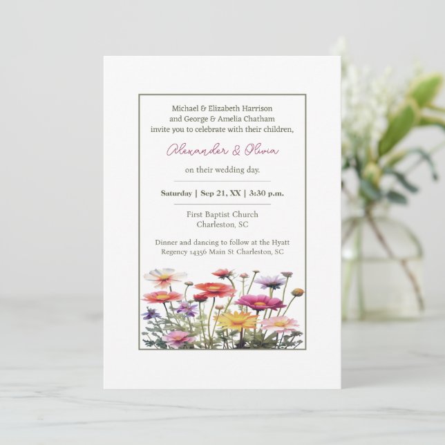 Invitación Boda de flores silvestres acuarelas (Anverso de pie)