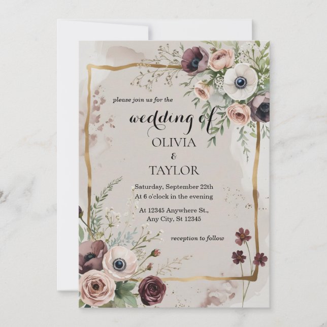 Invitación Boda de flores silvestres acuarelas (Anverso)