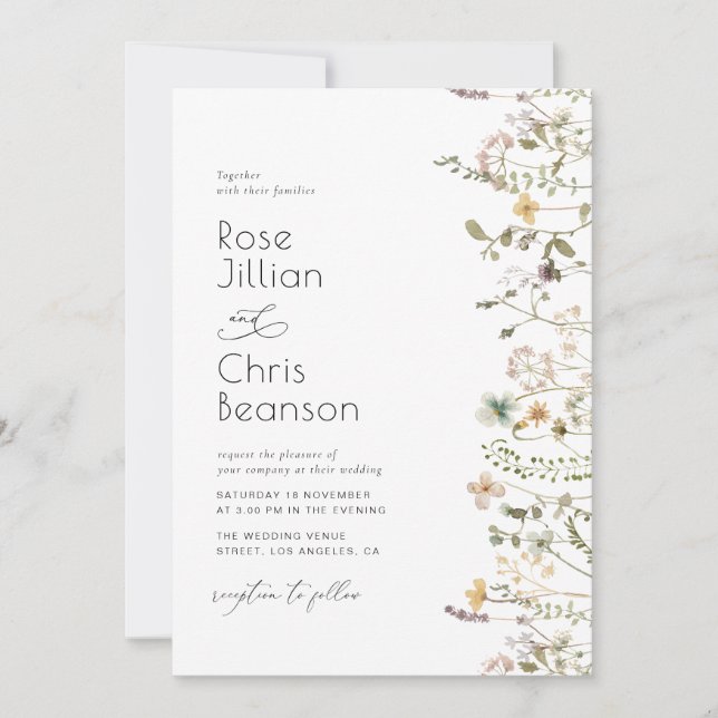 Invitación Boda de flores silvestres acuarelas (Anverso)