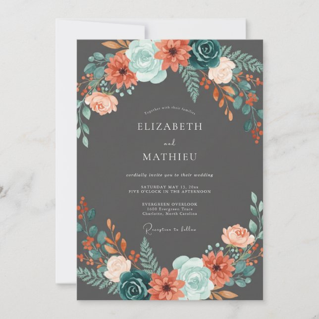 Invitación Boda de flores silvestres acuáticas con carbón veg (Anverso)