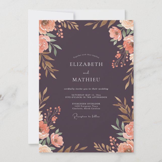 Invitación Boda de flores silvestres albaricoque ciruela prof (Anverso)