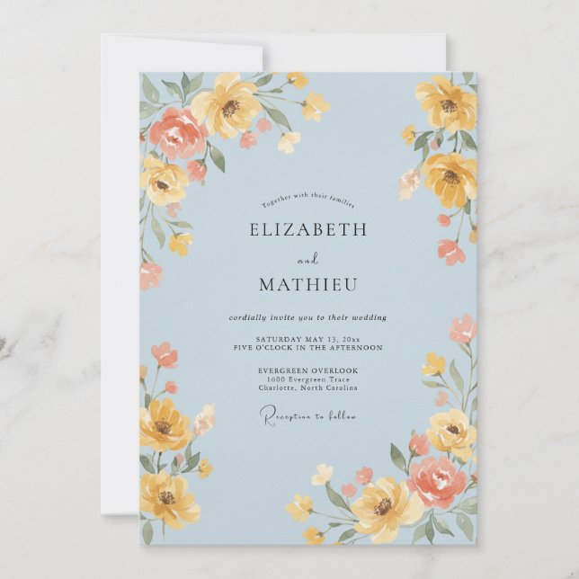 Invitación Boda de flores silvestres alegres azul suave (Anverso)