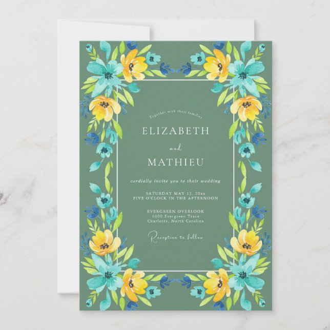 Invitación Boda de flores silvestres amarillas cyan (Anverso)