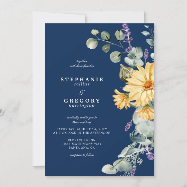 Invitación Boda de flores silvestres amarillas de la marina (Anverso)