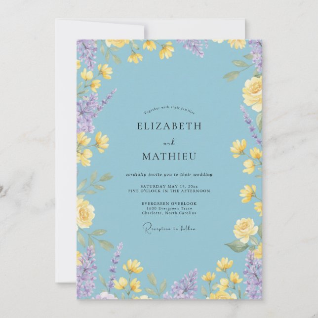 Invitación Boda de flores silvestres amarillas del cielo trop (Anverso)