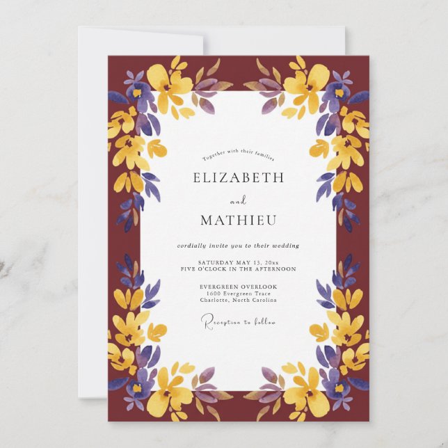 Invitación Boda de flores silvestres amarillas granate (Anverso)