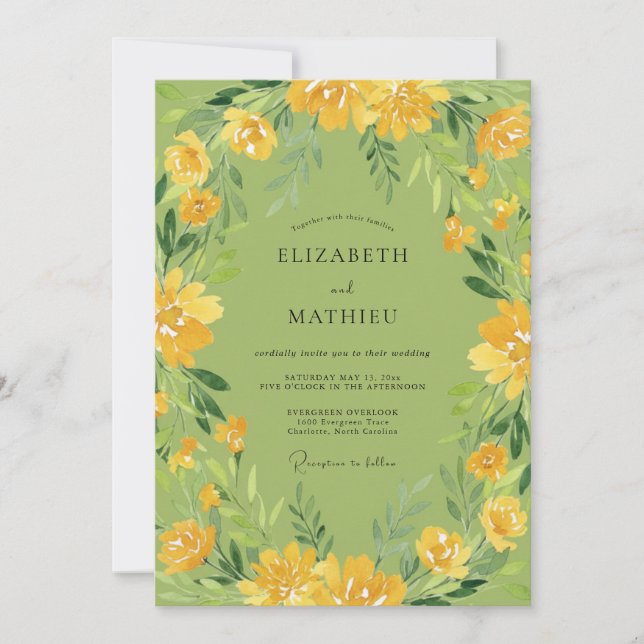 Invitación Boda de flores silvestres amarillas musgo (Anverso)