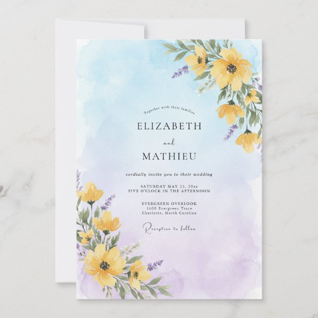Invitación Boda de flores silvestres amarillas y aireadas (Anverso)