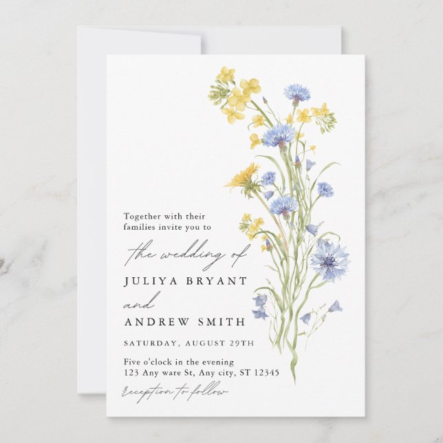 Invitación Boda de flores silvestres amarillas y azules  (Anverso)