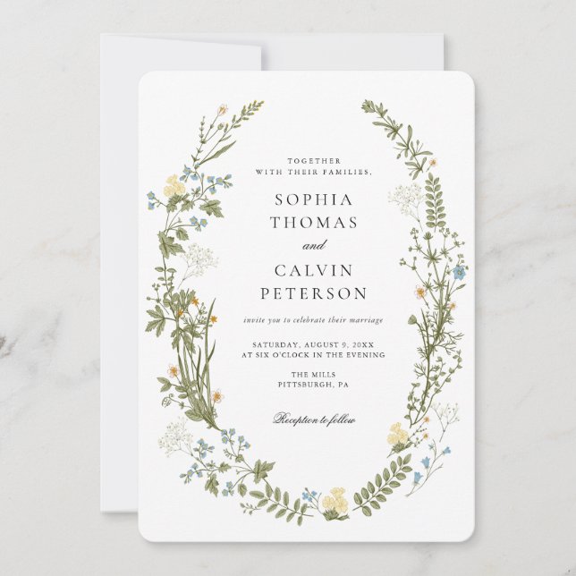 Invitación Boda de flores silvestres amarillas y azules (Anverso)