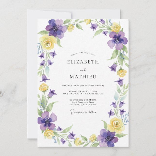 Invitación Boda de flores silvestres amarillas y violetas (Anverso)