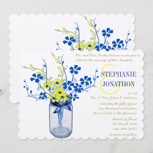 Invitación Boda de flores silvestres amarillo y azul real Mas (Anverso / Reverso)