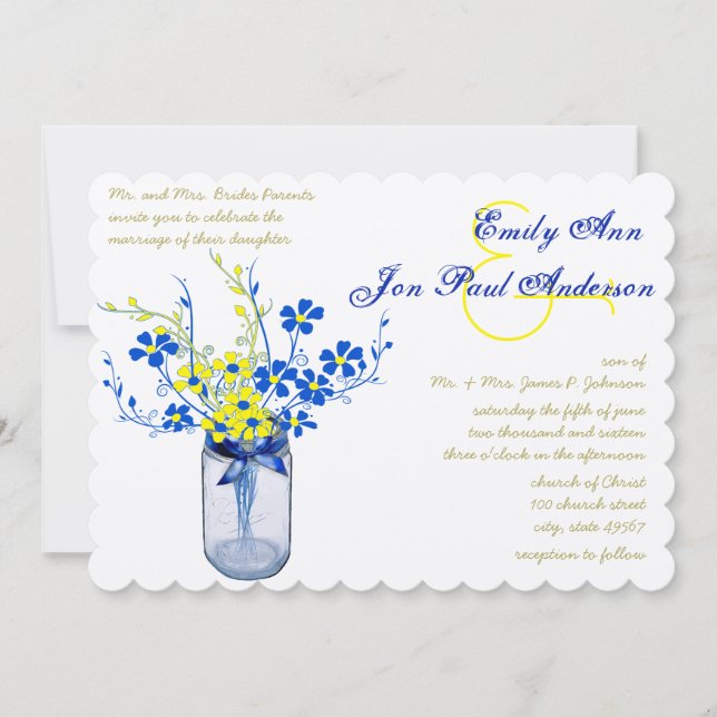 Invitación Boda de Flores Silvestres Amarillo y Marina Azul M (Anverso)