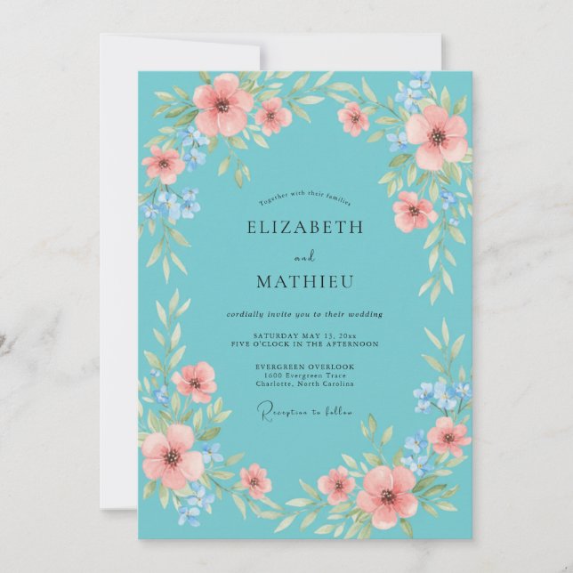 Invitación Boda de flores silvestres Aqua Coral (Anverso)