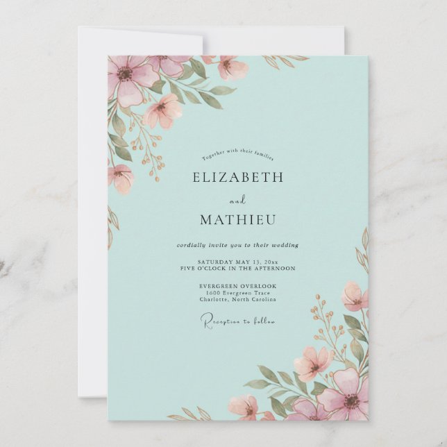 Invitación Boda de flores silvestres Aqua Mauve (Anverso)