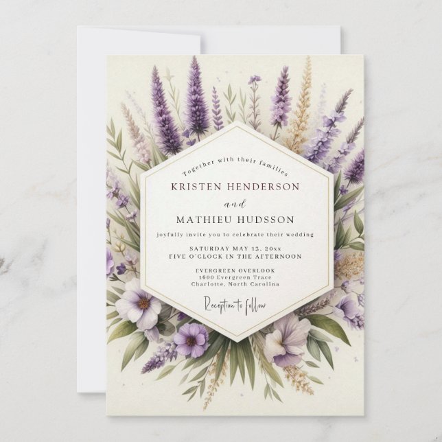 Invitación Boda de flores silvestres artísticas de lavanda (Anverso)