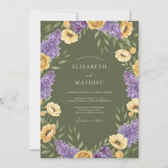 Invitación Boda de flores silvestres artísticas en verde oliv (Anverso)