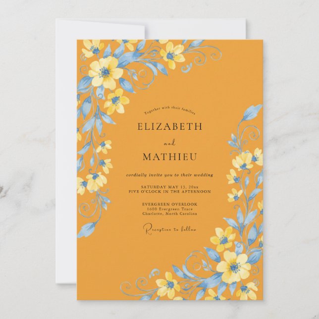 Invitación Boda de flores silvestres áureas y azul champán (Anverso)