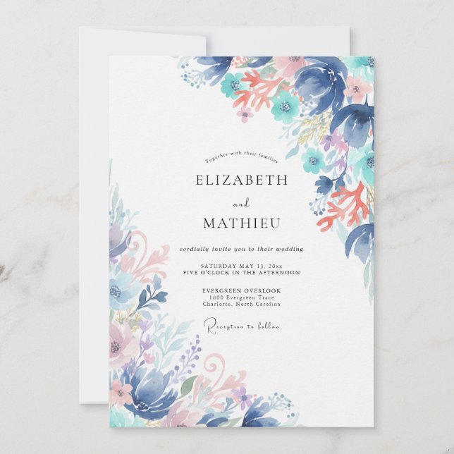 Invitación Boda de flores silvestres azul teal (Anverso)