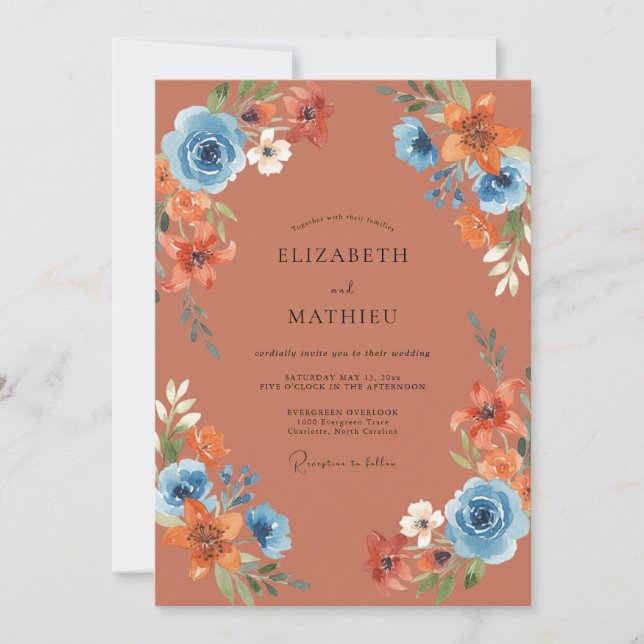 Invitación Boda de flores silvestres azul terracota (Anverso)