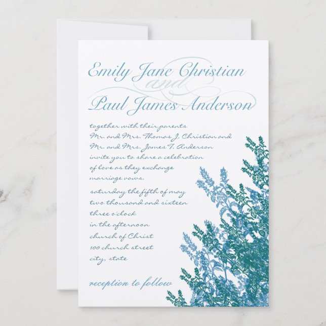 Invitación Boda de flores silvestres azul y Verde azulado de  (Anverso)